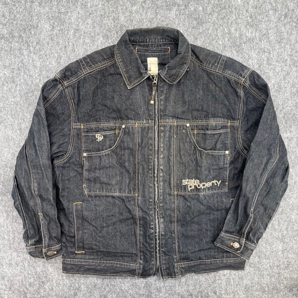 Vintage State Property Jacket Mens Large Denim Dark Wash Embroidered Logo Zip Up